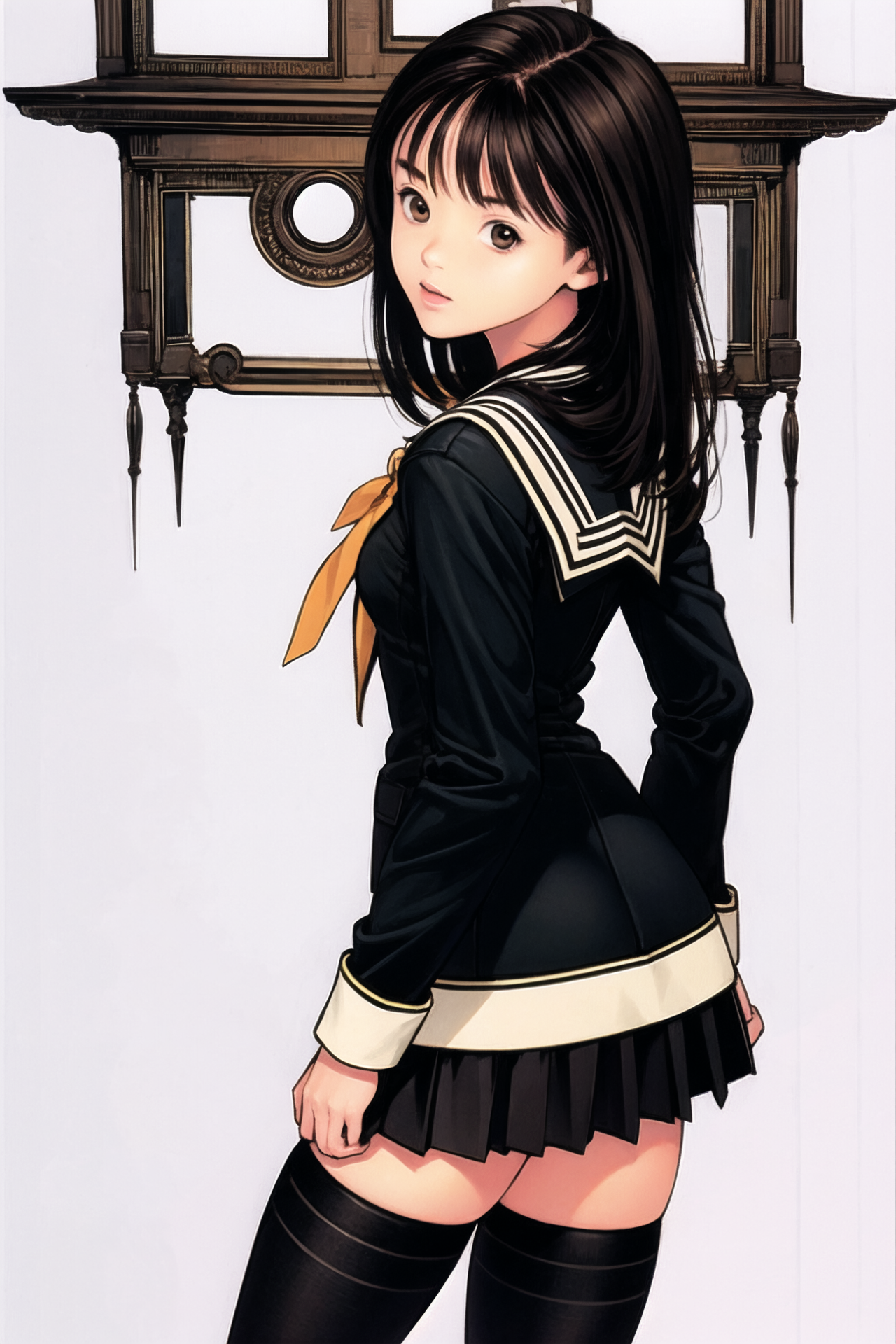 04661-3970775147-1girl, solo, thighhighs, brown hair, school uniform, brown eyes, skirt, zettai ryouiki, looking back, simple background, serafuk.png